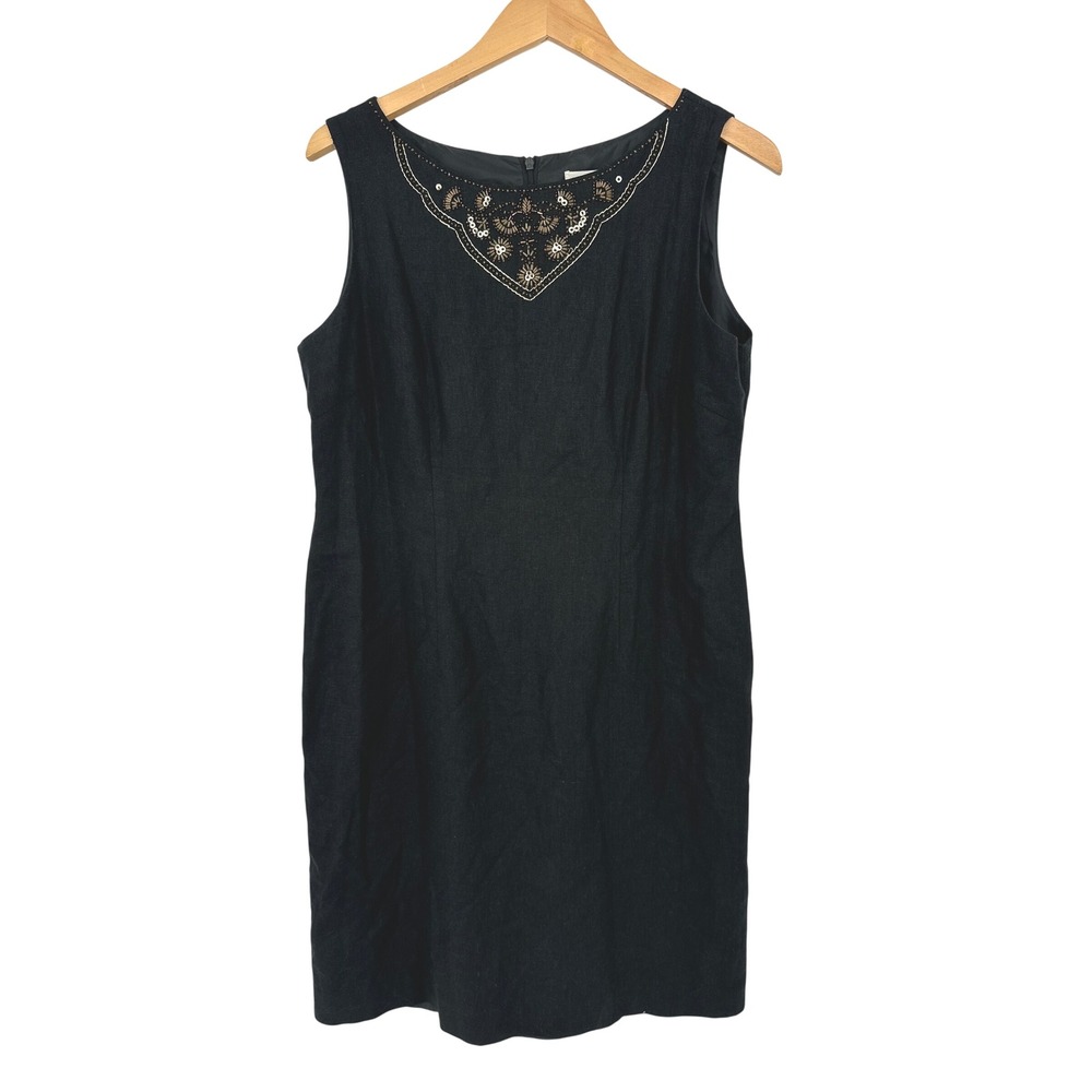 Vtg Jessica Howard Dress Womens 12 Black Linen Blend Beaded Sheath Career Boho